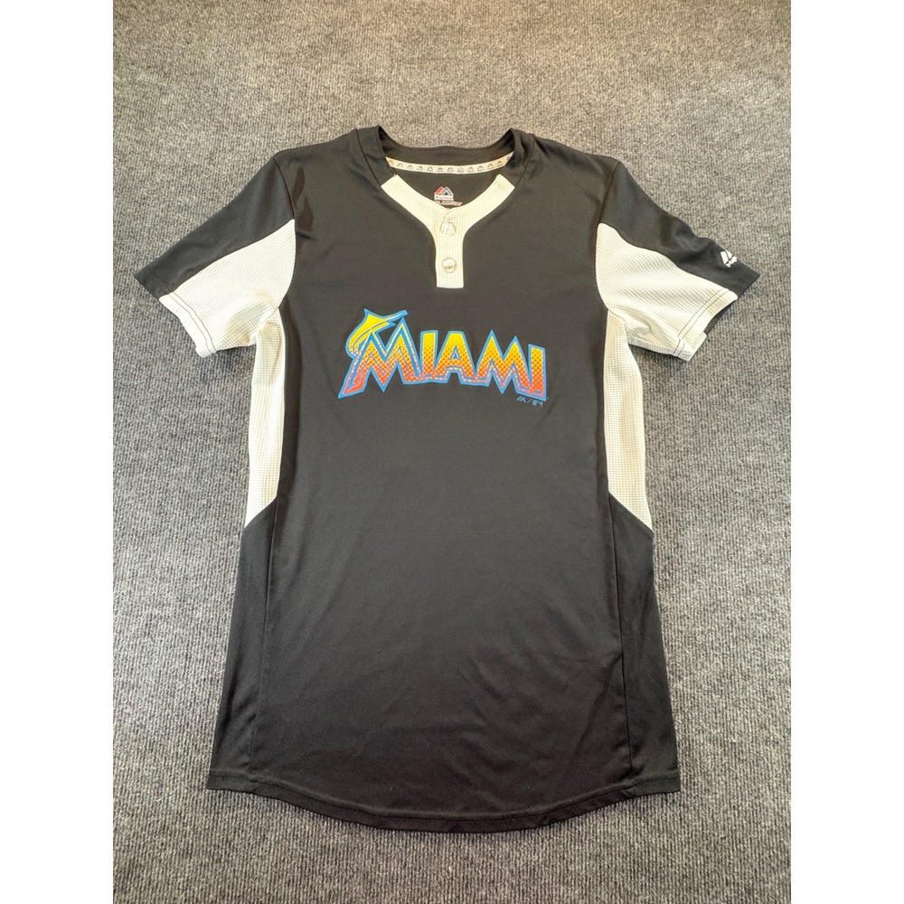 Majestic Miami Marlins Cool Base Henley Jersey Shirt Black White Mens Small